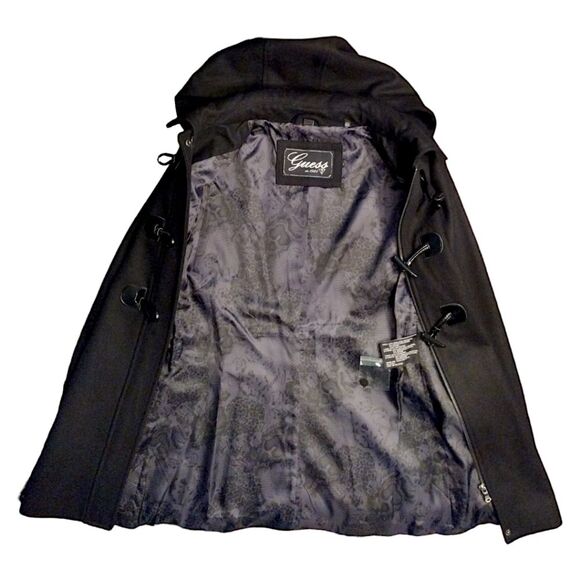 Guess Wool Blend Peacoat w/ Hidden Full Zip, Toggle & Patent Trim, M, Black - Picture 4 of 7